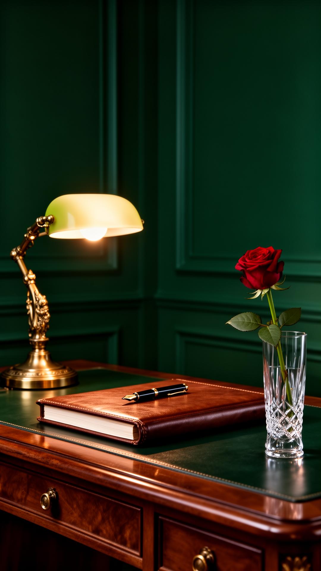 Elegant concierge desk with brass lamp, leather guest book and crystal vase in emerald paneled room