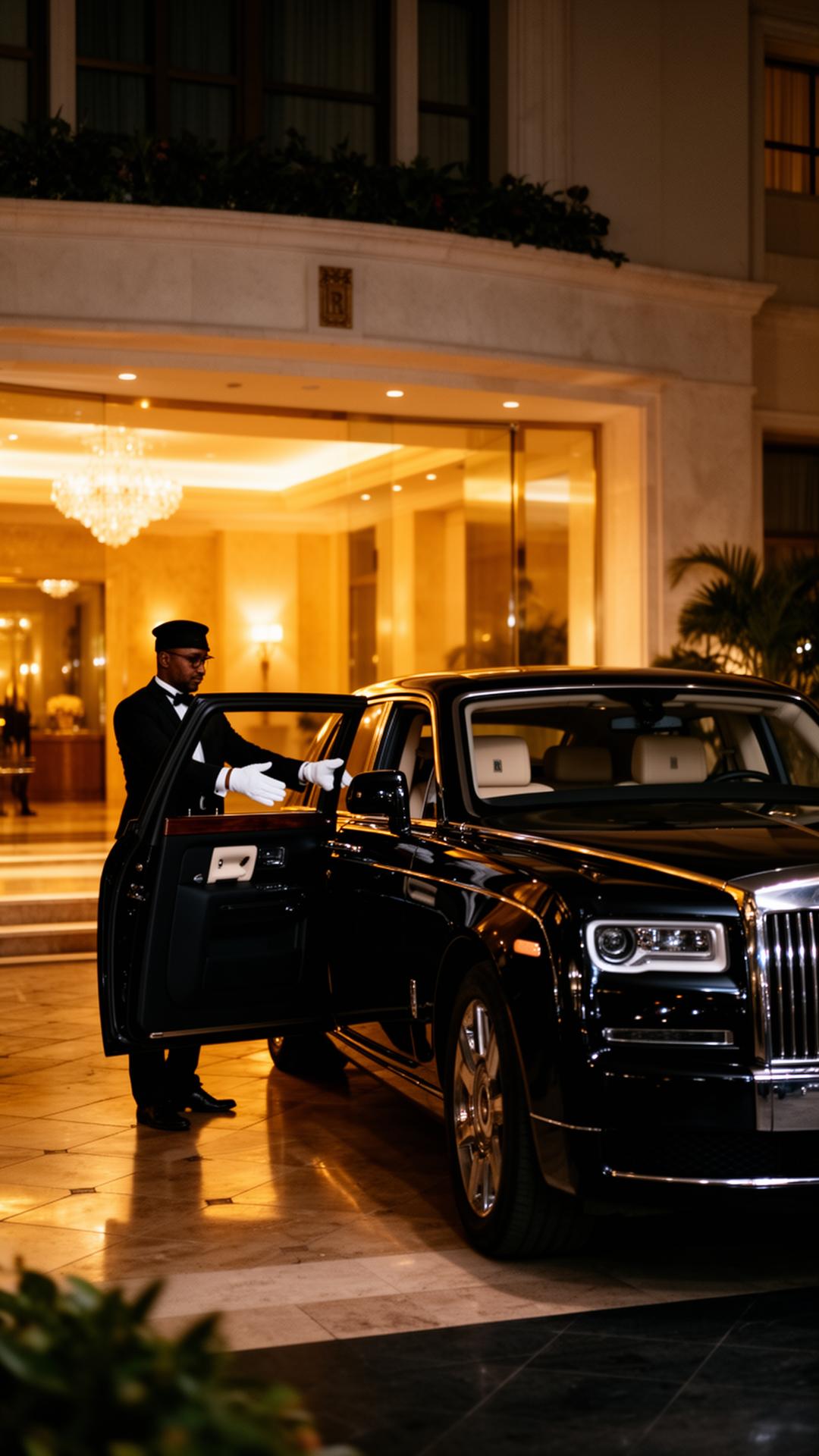 Black Rolls-Royce Phantom with chauffeur opening rear door at luxury hotel entrance at night