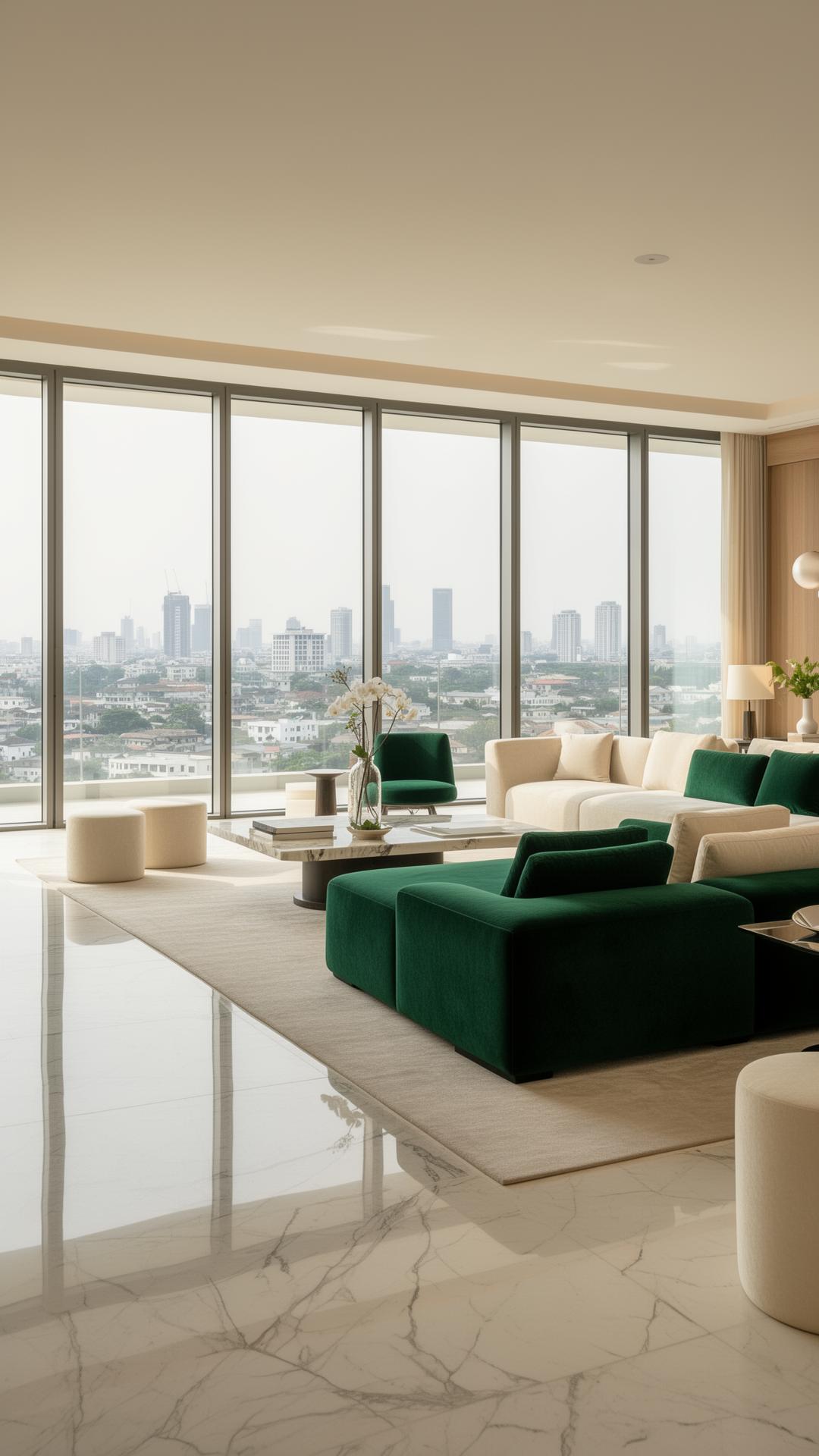 Luxury Ikoyi penthouse interior with skyline view, marble floors and emerald sofas