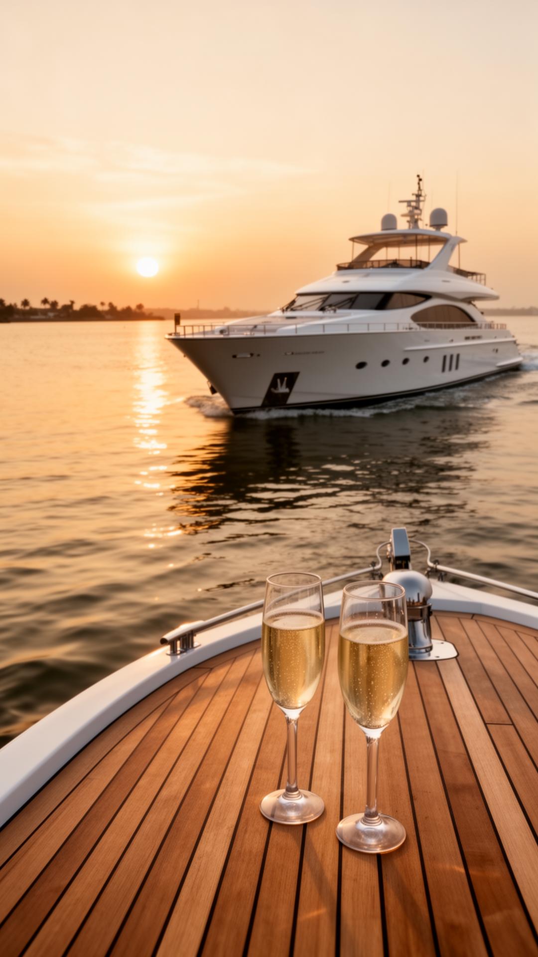 Luxury white yacht cruising Lagos lagoon at golden hour with champagne flutes on teak deck